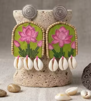 Lotus Hand-Embroidered Fabric Drop Earrings with Cowrie Shells